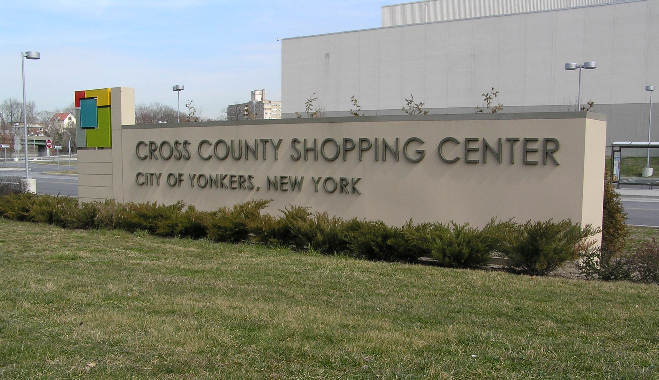 Entrance sign for Cross County Shopping Center in Yonkers